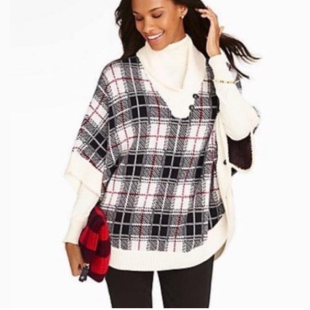 Talbots pancho sweater. Cream black and red plaid. Great condition. Womens s/m